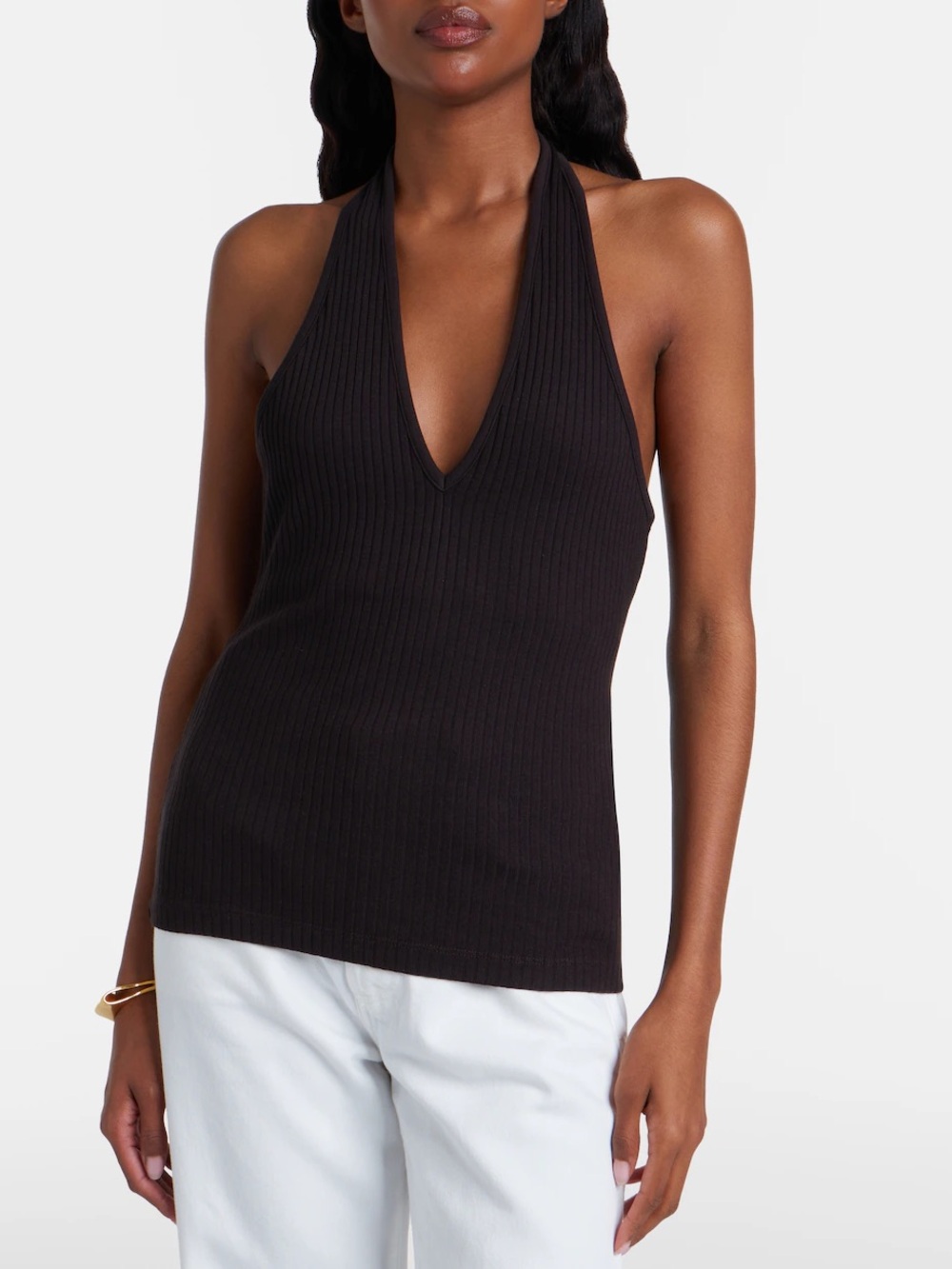 MOTF Black Ribbed Halter Keyhole Tank Top